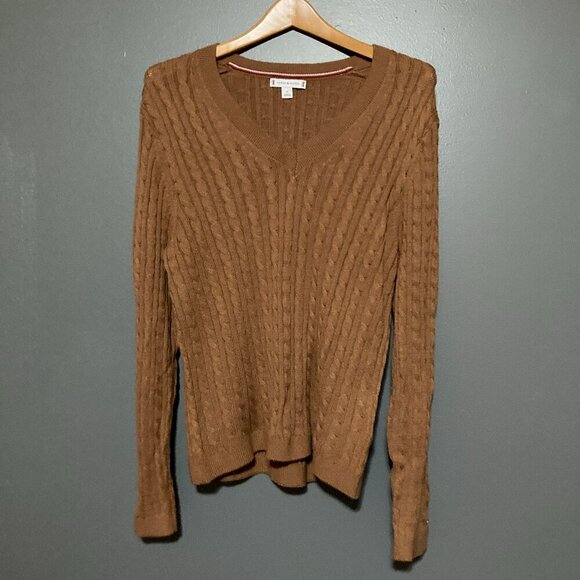 Tommy Hilfiger Women Size M Brown V Neck Cableknit Sweater Thin Long Sleeve Fall - Picture 1 of 7